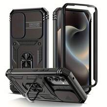 Funda a prueba de golpes para iPhone con soporte metálico giratorio, protección de lente con ventana deslizante y función de carga inalámbrica para coche - Negro - Ver 2