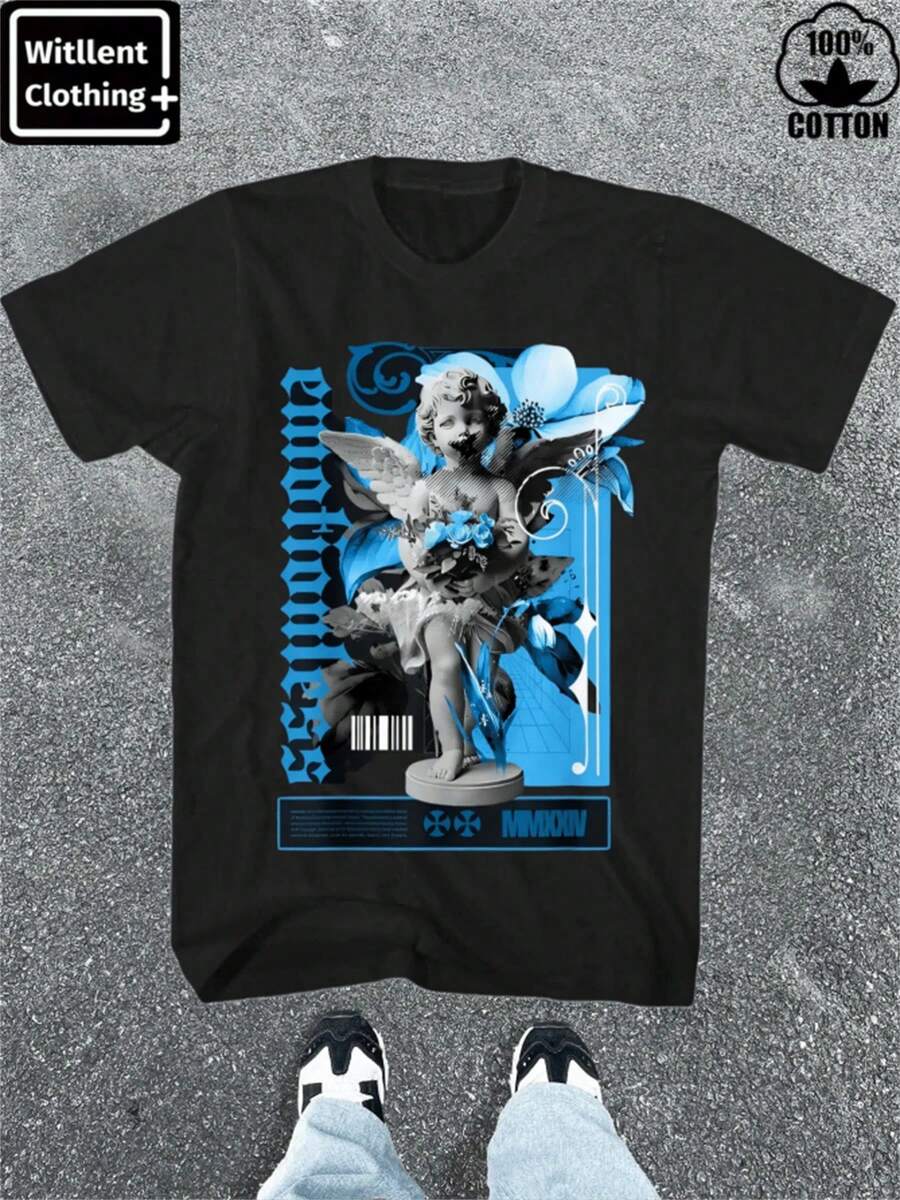 1 Piece Of Women's 100% Cotton T-Shirt, Powder Blue, Emotionless Model, Size 9. Thick Cotton T-Shirt For Women, Ideal For Christmas (1 Piece). 180g, 100% Cotton, Designs Are Printed. Unisex. - 黑色 - 查看 1