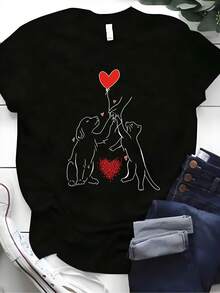 100% Cotton Women's T-Shirts 2026 Plus Size, Women's Plus Size T-Shirt With Heart And Dog Paw Print - Short Sleeve, Round Neck, Casual Top For Animal Lovers, Comfortable Sizes For All Body Types, Machine Washable, Korean Style Summer And Spring Blouse For Women - Black - View 1