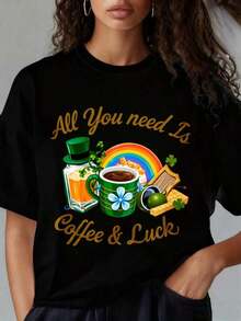 Camiseta de Mujer con Estampado Gráfico, Algodón Ligero, Verano. Camiseta de Manga Corta con Cuello Redondo para Mujer, con Estampado Divertido de San Valentín. Todo lo que necesitas es café y suerte. Camiseta del Día de San Patricio con Diseño de Arcoíris y Trébol para Mujer y Hombre. Adecuada para actividades deportivas, festivales, salidas, deportes y otros regalos navideños (220g).Oversize Camiseta Mujer Estampado 100% Algodón Puro - Negro - Ver 6