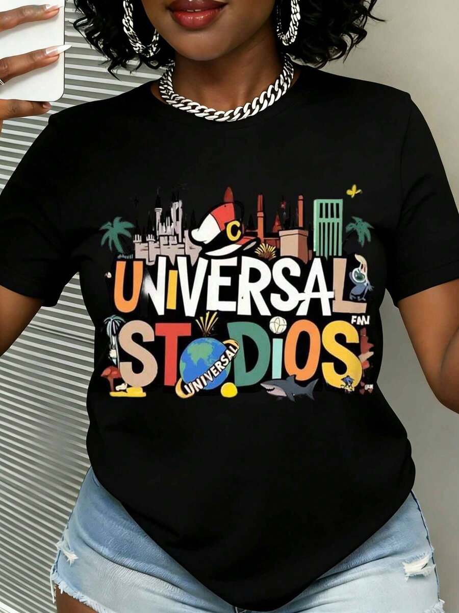 Fan T Shirt With Iconic Landmarks And Characters For Theme Park Visitors And Movie Enthusiasts - Black - View 1