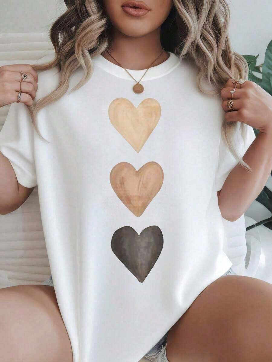 Women's Casual Short Sleeve T-Shirt - Vertical Print Of Three Wooden Hearts, Round Neck, Summer Top, Machine Washable, Ladies' T-Shirts, Casual Wear, Modern Style, Comfortable Fit
-White - 白色 - 查看 1