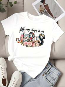 Women's Round Neck T-Shirt With Floral Print "All My Hope Is In Jesus", Short Sleeve, Christian Faith Gift For Women, Summer Casual Wear - 白色 - 查看 2