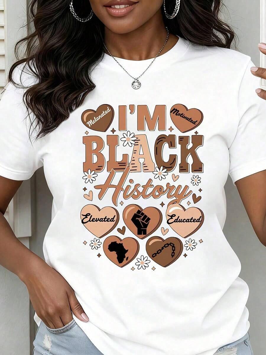 Camiseta de Cuello Redondo para Mujer con Estampado "I M Motivated Elevated Educated", Manga Corta para Uso Casual y Celebración del Legado - Blanco - Ver 1
