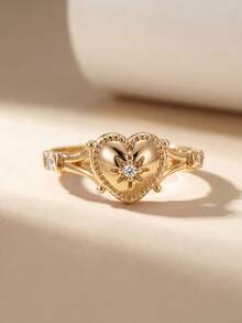 1pc Size S Diamond Heart Design Ring, Elegant Double Layer Ring, Fashion Jewelry Gift, Suitable For Daily Wear/Mother's Day - Heart - View 4