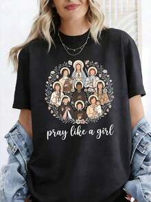Women's Loose-Fitting Y2K Style T-Shirt With Catholic Saint Prints, Designed Specifically For Christian Women, With A Vintage 2000s Street Style And A Relaxed Fit. Made From 100% Cotton, This Short-Sleeved T-Shirt Is Perfect For Summer Vacations And Leisure Time. It Features A Unisex, Loose-Fitting, Crew Neck, Urban Vintage Style. - 黑色 - 查看 12