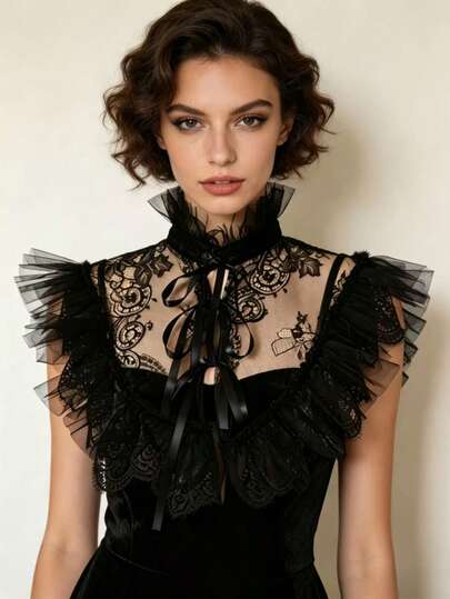 1pc Black Lace Ruffle Mesh Collar, Gothic Victorian Detachable Fake Collar With Ribbon Tie, Vintage Lolita Style Dress Collar Decor