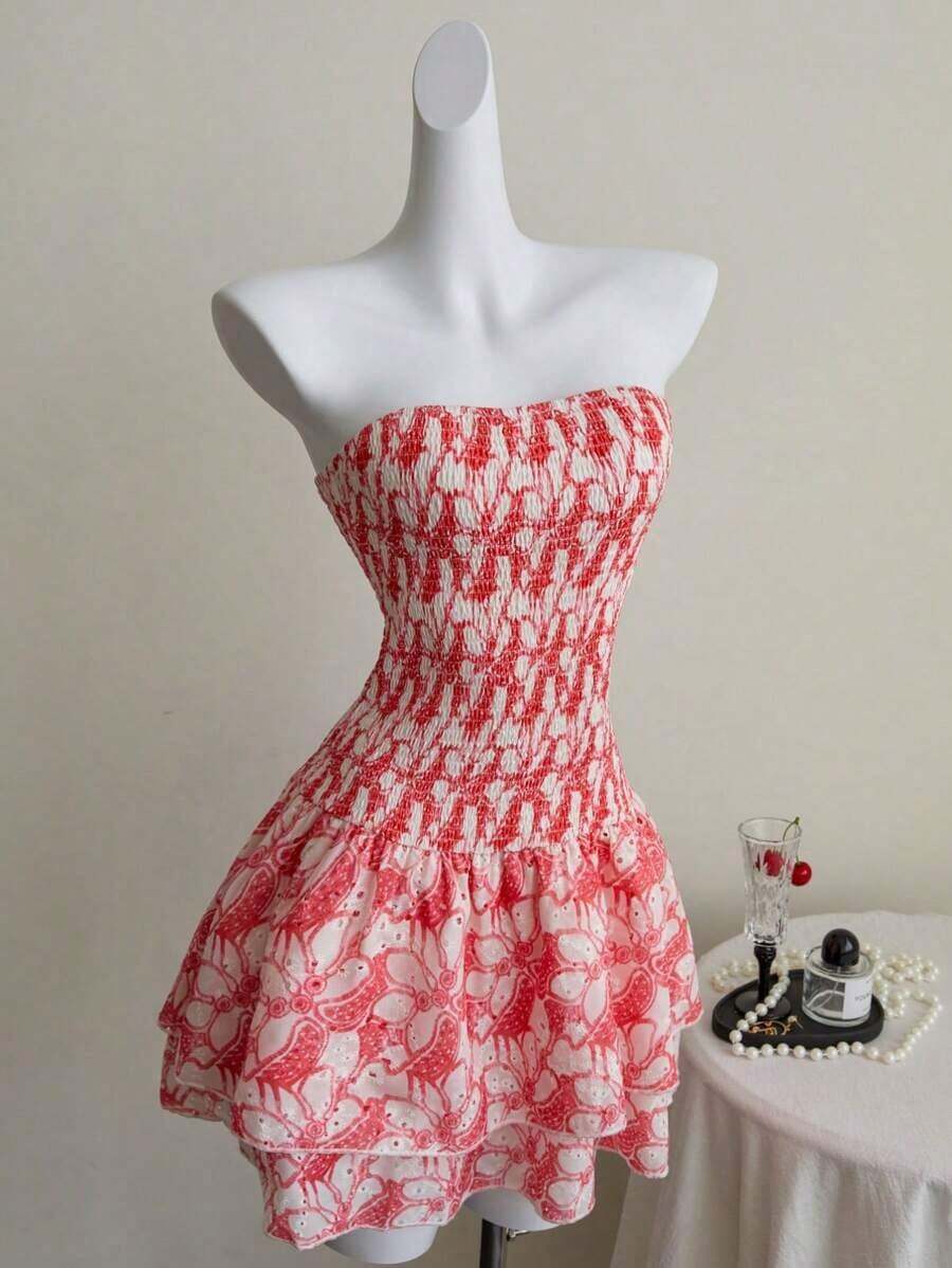 Vestido azul marino con cintura ceñida, plisado, sin tirantes, sexy, calado, con bordado y dobladillo fruncido, estilo vacaciones - Rosa - Ver 1