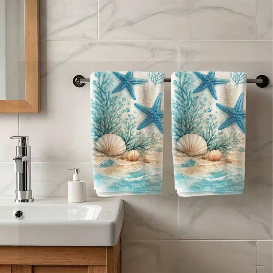 Seaside Beach Shell Starfish Print Kitchen Hand Towels 1/2 Packs 16*24 Inches, Multi-Purpose Wiping Cloth For Kitchen Restaurant Decor, Exquisite Gift Kitchen Utensil