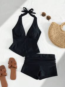 Đồ bơi nữ Tankini, Áo bơi tank top cổ yếm chấm bi nâng ngực, quần bơi ngắn cho kỳ nghỉ, đi chơi, tập gym, trang phục mùa hè thời trang, đồ đi biển màu đen - màu đen - Xem 6