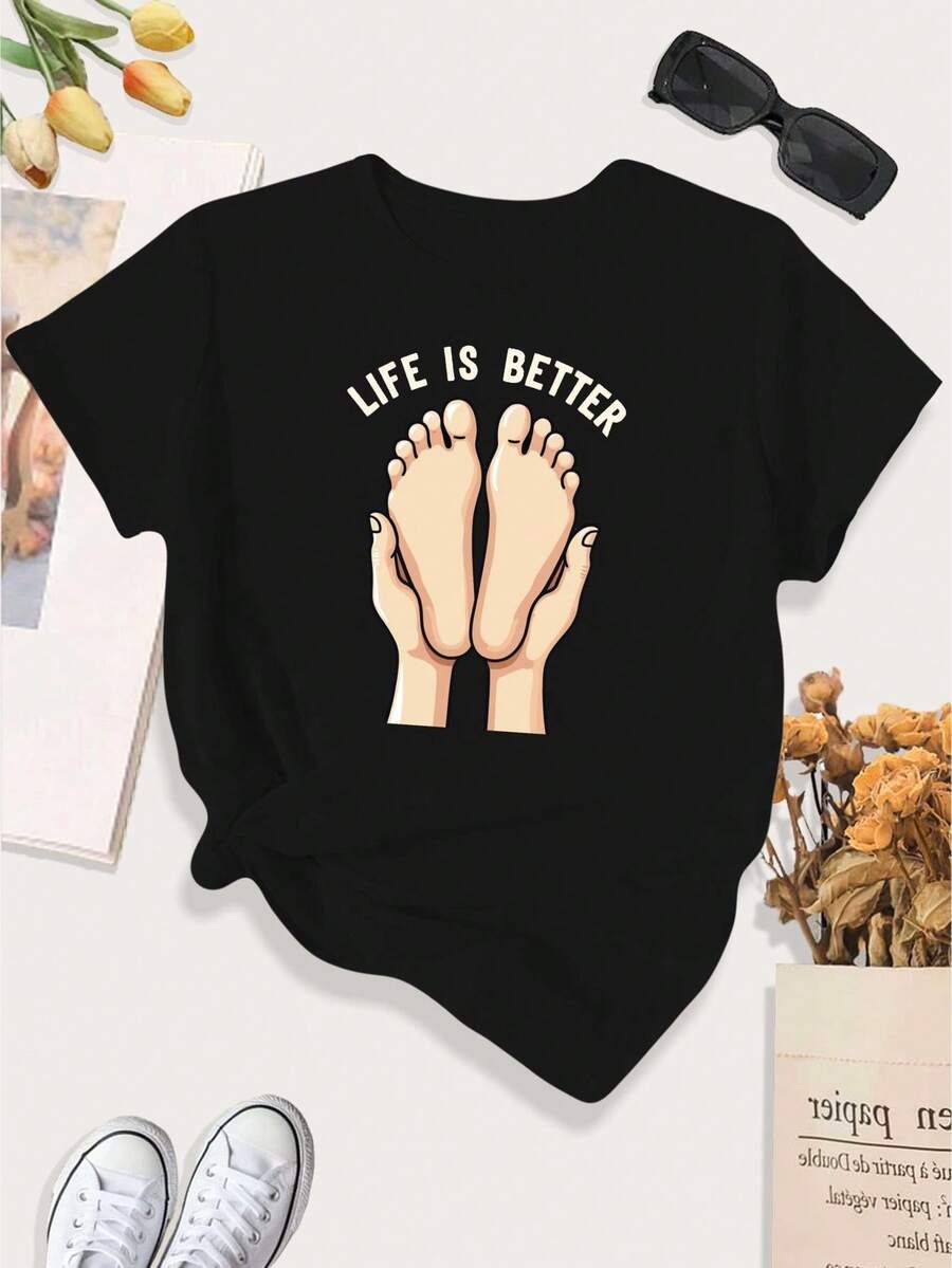 [Print Design]Hands Life Is Better Reflexology Art Large Size Women's Casual Sports T-Shirt[Suitable For Leisure And Sports Activities] - Multicolor - View 1