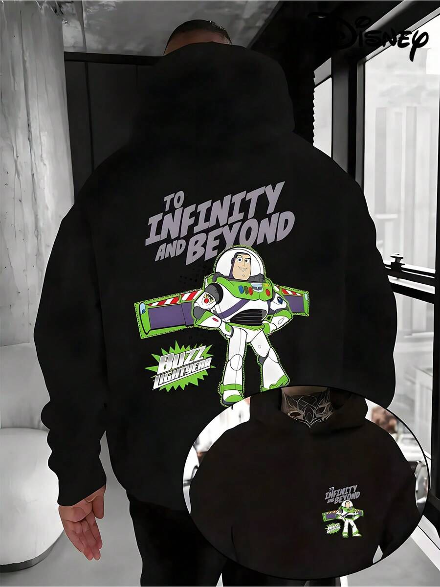 Disney Men's Casual Hoodie, Buzz Lightyear Cute Design, Elements Of American Streets, Sci-Fi Style Enthusiasts, Suitable For Daily Casual Wear - 黑色 - 查看 1