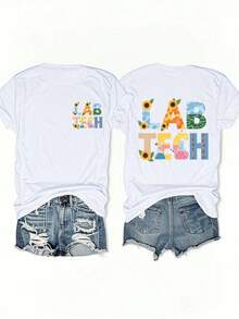 VivaGlam-DNA Sunflower LAB TECH Women'S Casual Short Sleeve T-Shirt, Pure, Round Neck, Graphic Print Tees, Daily Wear, The Best Gift, Fashionable for Summer Beach, Vacation - Blanco - Ver 6