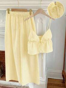2 piezas Conjunto casual de vacaciones con rayas tejidas amarillas para mujer, /verano - amarillo ganso - Ver 5