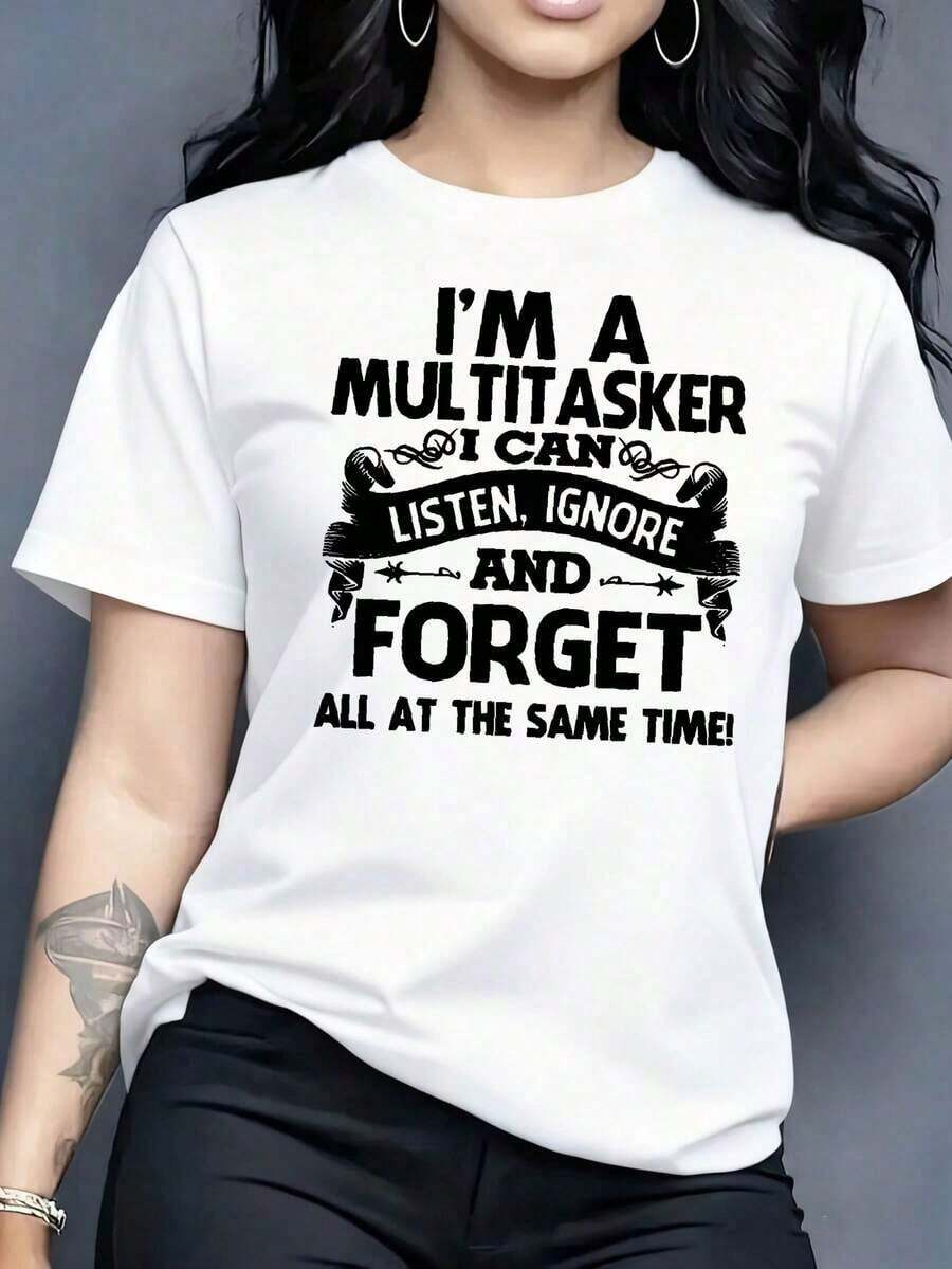 Women's 100% Slogan Print Short Sleeve T-Shirt - Soft Casual Short Sleeve Blouse With Round Neck And Slogan Print, Regular H-Line Fit For Daily Wear And Festive Outfits - Elegant Casual Short Sleeve T-Shirt For Leisure. - 白色 - 查看 1