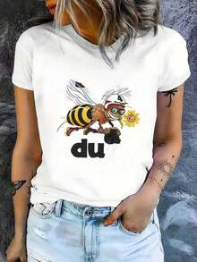Women's Short-Sleeved Cotton T-Shirt, Casual Style, Fitted, With A Vintage Urban Print Featuring A Delicate Bee And Sunflower Design. Soft And Comfortable, Perfect For Everyday Wear And A Versatile Garment. 100% Breathable Cotton. - 白色 - 查看 7