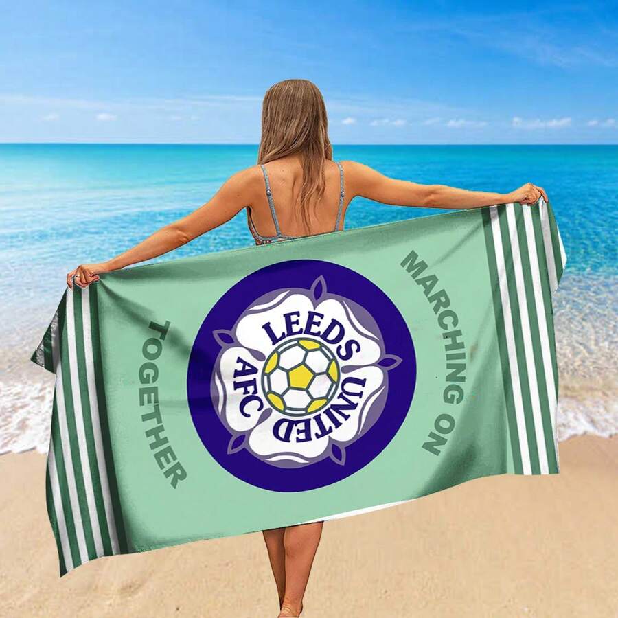 1 buah Handuk Pantai Resmi Leeds United AFC dengan Logo dan Garis-garis - Campuran Poliester Cepat Kering, Lembut & Ringan, Cocok untuk Pantai, Kolam Renang, dan Penggemar Olahraga - Desain Geometris Biru & Kuning dengan Teks "Marching On Together", Aksesori Tepi Kolam Renang, Handuk Penyerap Besar Anti Pasir Pantai - Kamar Mandi, Kolam Renang - A - View 1