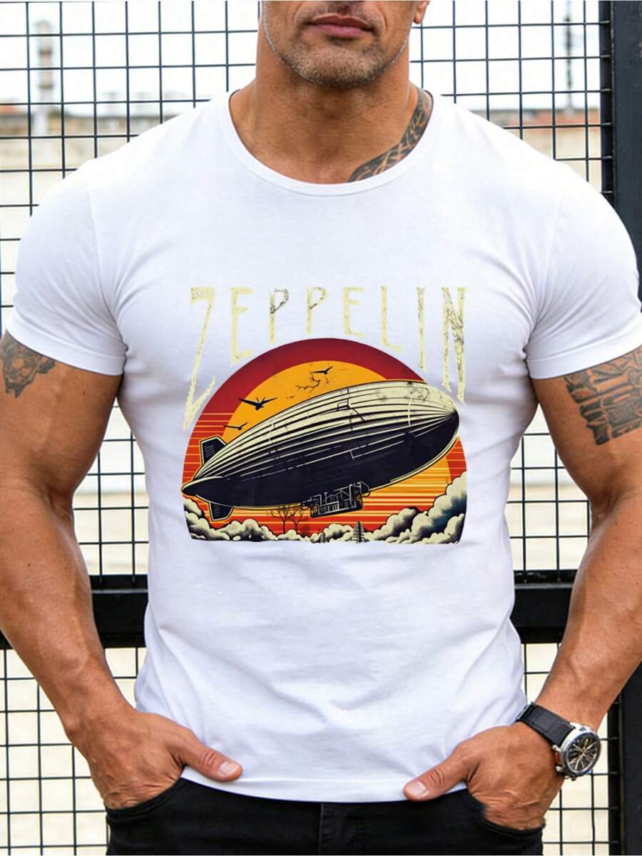 Camiseta de manga corta para hombre con estampado de dirigible vintage, estilo rock, refrescante, transpirable, para uso diario. - Blanco - Ver 1