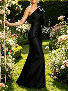 Elastic Satin Asymmetric Neck Fitted Cocktail Dress - Black - View 4