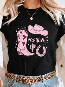Camiseta gráfica para mujer con diseño de bota de vaquero y sombrero rosa, cuello redondo, mangas cortas, diseño "Yeehaw", jeans blancos y cinturón de vaquero.Ideal para primavera y verano, ropa casual de primavera.Camiseta con Diseño Divertido.Camisa con Tela Brillante.Camiseta Y2k - Negro - Ver 10