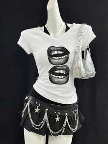 Camiseta de mujer casual de cuello en V retro, con atar, de manga corta y contraste de color, adecuada para el verano - Blanco 2 - Ver 9