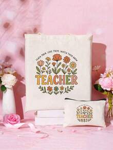 Teacher Theme Travel Print Bag - Foldable Storage Bag, Decorated With Vibrant Teacher Theme Patterns, Ideal Gift For Educators, Teachers And Students, Teacher Gift Bag, Fun Design - Multicolor - View 4
