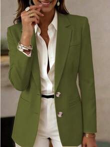 Women's Long Sleeve Lapel Button Jacket, Regular Length Knitted Fabric Lightweight Blazer, Creating An Elegant And Fashionable Academic Style - Dark Green - View 4