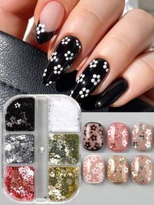 Bộ 2 hộp mini sequin trang trí nail chấm bi đen trắng & hoa nhỏ, kim tuyến nail chấm bi dễ thương phong cách Nhật, cánh hoa siêu mỏng Y2K, charm nail vàng bạc - Nhiều màu - Xem 5