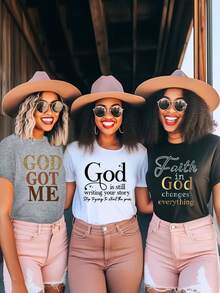 Short-Sleeved T-Shirt With Religious-Themed Letter Print, Round Neck, Casual, All-Season, Everyday Casual Top, Suitable For Summer And Spring, Women's Clothing, Available In Multiple Sizes, Seasonal Clothing, Spring Wardrobe, Religious-Themed Design, Geometric Pattern, Durable Stitching, Breathable Fabric, Multi-Piece T-Shirt Set, Printed T-Shirt, Women's Fashion, Versatile Top. - 黑色 - 查看 2