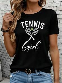 Women's Short-Sleeved T-Shirts In Black And White Are Suitable For Everyday Wear, Lounging At Home, And Outdoor Activities. This Women's Graphic Tennis T-Shirt Features A Casual Summer Top With A Crossed Racket And Ball Design. It's A White Short-Sleeved T-Shirt Perfect For Tennis Lovers And Makes A Great Gift For Parties Or Holidays. - 黑色 - 查看 7