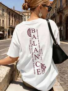 Women's Short-Sleeved T-Shirt With Vertical BALANCE Brain Heart Print, Mental Health Aesthetic Design, Loose Fit, Round Neck, Casual Style, Suitable For Daily Wear, Streetwear, Summer Outings, Vacation. - 白色 - 查看 6