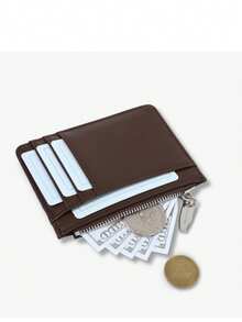 Dompet Koin Ritsleting Patchwork Baru, Dompet Multi-Kartu Minimalis PU untuk Wanita, Pengatur Kartu Warna Kontras, Hadiah - Kopi - View 4