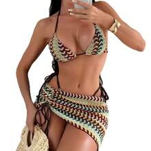 2026 New Wave Pattern Knit Bikini Three-Piece Set Beach Vacation Halter Neck Tie Swimwear For Women - Light Curry Color - View 5