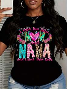 1 pieza Camiseta de Mujer con Estampado Floral y de Leopardo, Diseño de Texto "Tengo Dos Títulos: Mamá y Abuela, y las Lleneto de Estilo", Regalo para Mamá y Abuela, 180g, 100% Algodón - Negro - Ver 3