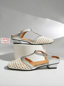 Classic Vintage Solid Color Buckle PU Leather Shoes, Suitable For Beach, Wedding, Party, Office, Indoor & Outdoor, Spring/Summer - Silver - View 7