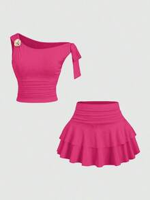 Conjunto de top de tirantes y minifalda plisada y con decoración de flores metálicas para mujer, ideal para el verano - Rosa Fucsia - Ver 1