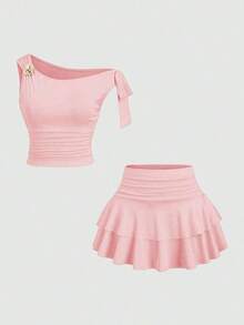 Conjunto de top de tirantes y minifalda plisada y con decoración de flores metálicas para mujer, ideal para el verano - Rosa vieja - Ver 1