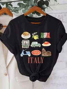 Camiseta de Mujer con Estampado del Coliseo de Roma - Manga Corta, Cuello Redondo, Estilo Casual de Verano, Tela Suave y Transpirable, Ideal para Viajes de Primavera/Verano y Ropa Casual - Negro - Ver 12