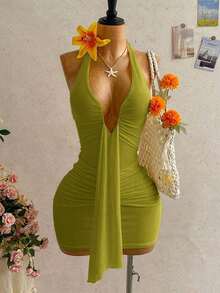 Vestido mini casual de vacaciones para mujer con escote en V profundo, cuello halter con lazo, y drapeado.Adecuado para la playa, cruceros y festivales de música en verano - Verde - Ver 10