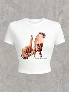 Camiseta corta ajustada para mujer talla extra verano, cuello redondo con estampado de gesto de mano estilo LA hip hop, diseño sencillo y moderno, ropa súper chida ideal para salir a pasear y lucir un look juvenil a la moda XDTG - Blanco - Ver 3