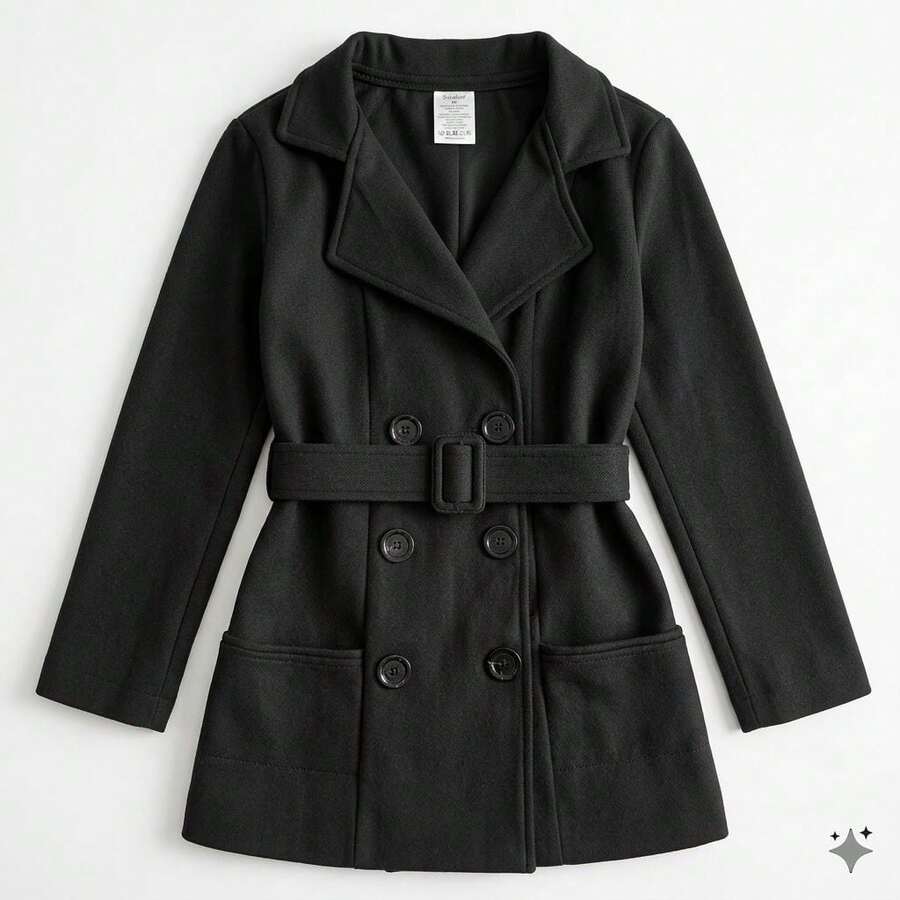 Women's Polyester Overcoat With Buttons - Winter Fashion - Negro - Ver 1