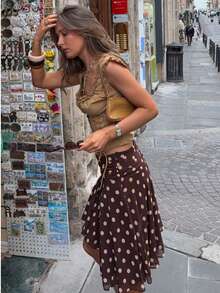 Women's Asymmetrical Hem Polka Dot Dress, Summer - Brown - View 5