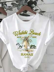 Camiseta Casual de Manga Corta para Mujer - Estampado Gráfico de Surf Hawaiano y Playa de Waikiki, Cuello Redondo de Alta Elasticidad, Tela Opaca Lavable a Máquina para Primavera, Verano y Otoño, Estilo Tropical para Vacaciones, Ropa de Verano, Camiseta con Estampado Hawaiano, Camiseta de Ajuste Cómodo y Ligero - Blanco - Ver 6