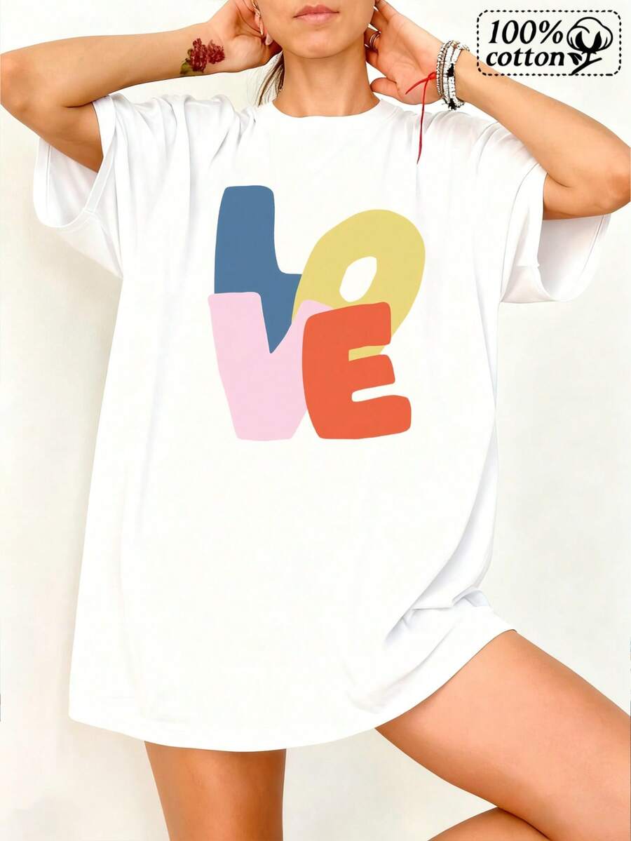 Moda Mujeres Camiseta Blanca Frontal Impresión Amor Cartas Coloridas Comodo Vestido Casual para Outfi diarios y Ocio