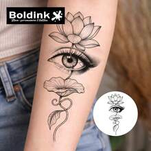 Boldink 2片装神秘全视之眼与莲花图案临时纹身贴纸，防水人体彩绘，可持续1-2周，植物配方温和，适合日常佩戴，中国风礼品，男女皆宜 - 黑色 - 查看 2