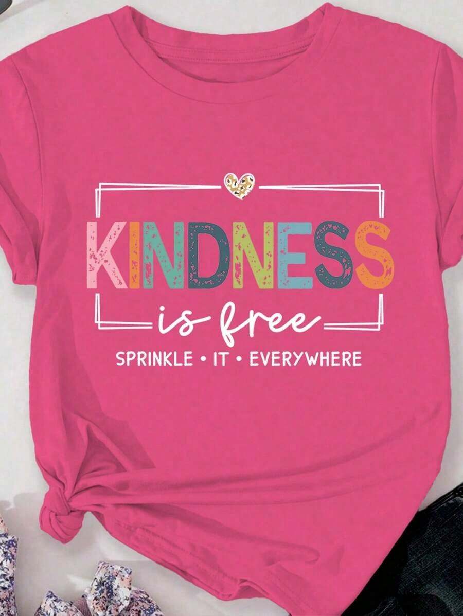 Plus Size T-Shirt Printed With "Kindness Is Free" - Fuchsia Pink - View 1