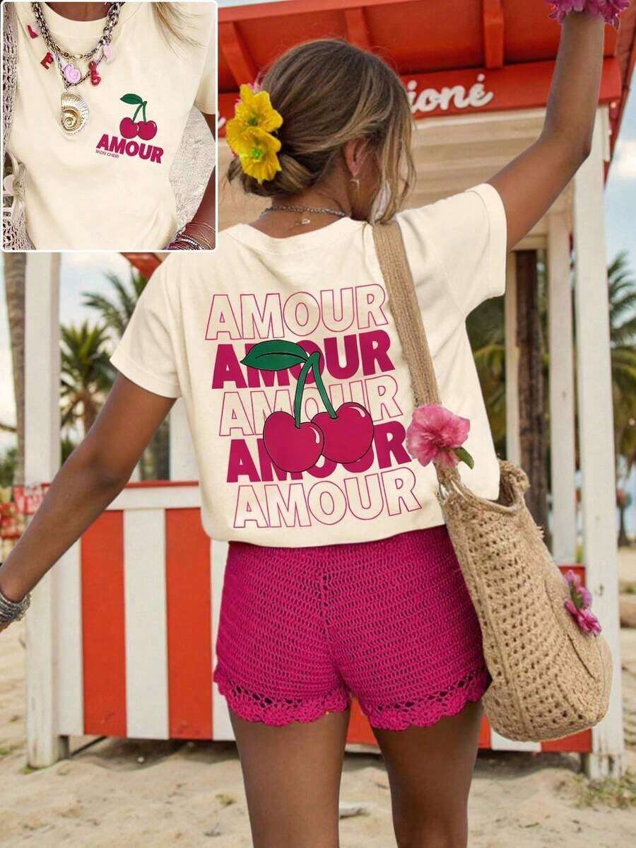 Estilo Y2K, estilo moderno, lo más nuevo de 2026, estilo lindo, estilo casual. Mujeres y Hombres.Camiseta gráfica para mujer, camiseta de manga corta de estilo casual y urbano, top de verano lindo.180g(S-XXXL).180g(S-XXXL) - Albaricoque - Ver 1