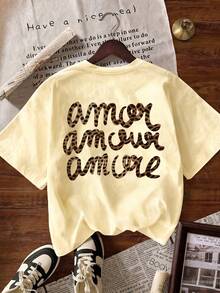 Women's Casual Short Sleeve Crew Neck T-Shirt With Leopard Print "More Love", Autumn, Back To School, Summer Clothing - 淺黃色 - 查看 2