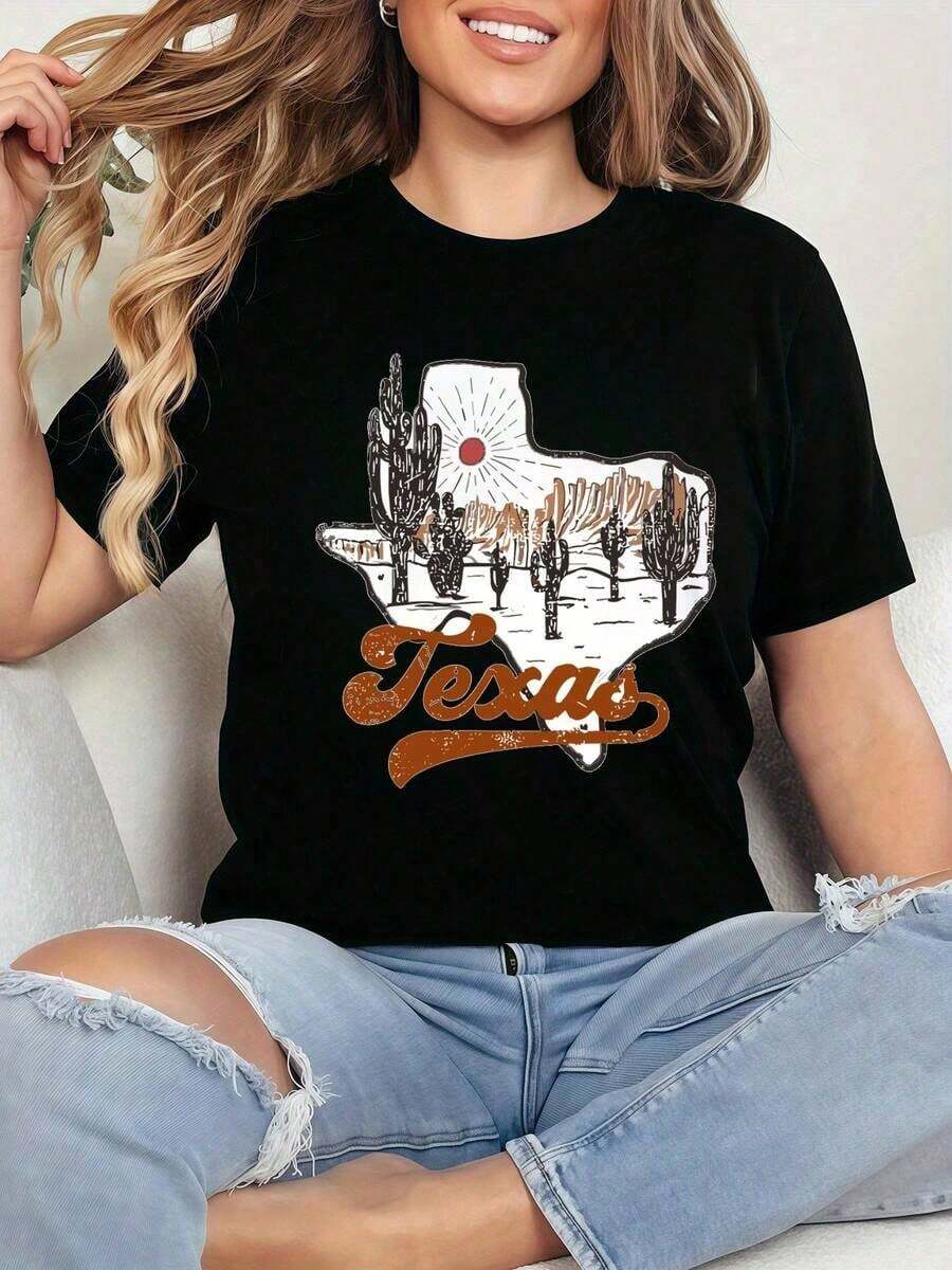 1 pieza Elain Moda 1 pieza Camiseta Texas 100% Algodón, Camiseta de Texas, Camiseta de Algodón de Inspiración Vintage de Texas, Camiseta del Desierto, Camiseta de Algodón Grueso con Estampado de Halloween para Mujer, 180g 100% Algodón, todos los diseños están impresos. Unisexo. - Negro - Ver 1