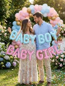 1 Set de decoraciones para baby shower que incluye pancarta de globos de papel de aluminio, corona floral de fondo, perfecta para fiesta infantil, anuncio de embarazo dulce y elegante, regalo para nuevos padres y madres embarazadas, decoración de pared metálica brillante en rosa y azul, decoraciones para celebración de recién nacido y revelación de género - Multicolor - Ver 4